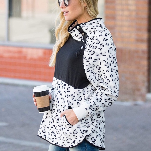 Snow Leopard Color Block Fleece Pullover with Snap Neck - Picture 7 of 8